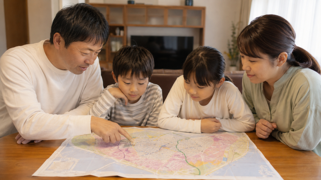 家族に防災の話を持ちかけている穏やかな会話シーン