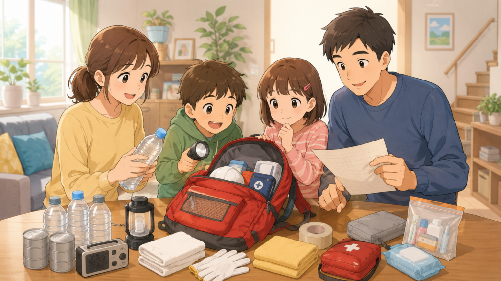 家族が防災リュックを確認するアニメイラスト