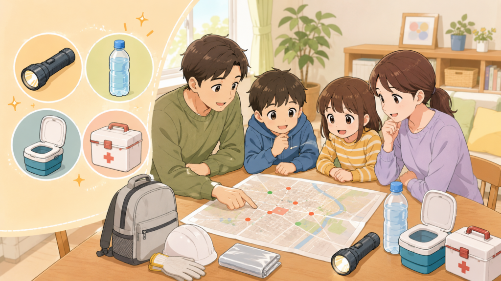 地震の備えチェックリストと防災グッズを確認する家族のイラスト