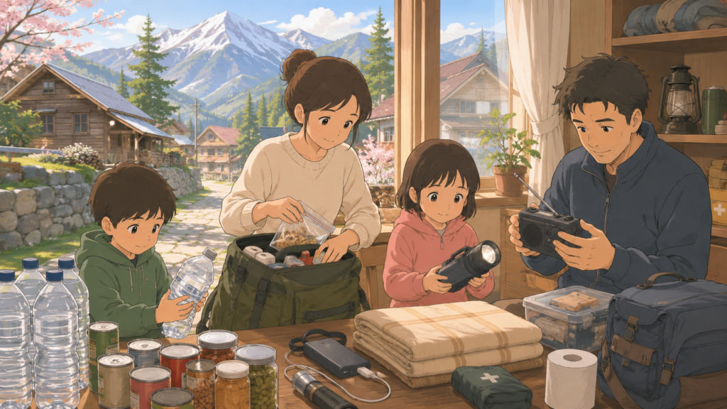 孤立集落での自助備蓄・ラジオ・モバイルバッテリー準備の防災教育イラスト