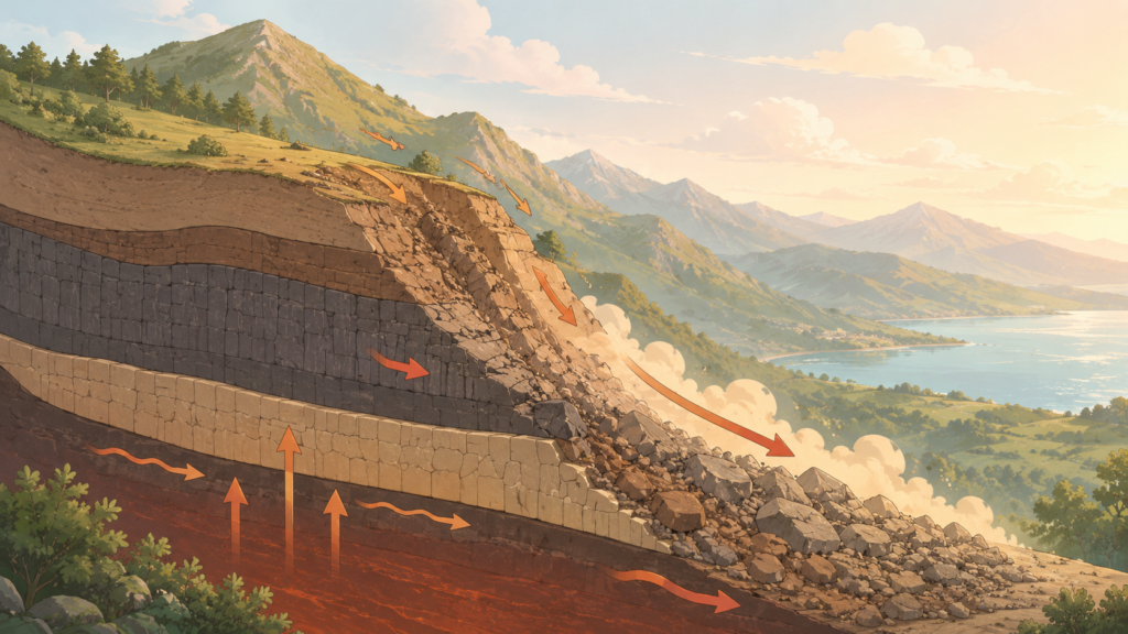 火山地帯の地層断面と地すべりのメカニズムを示すイラスト