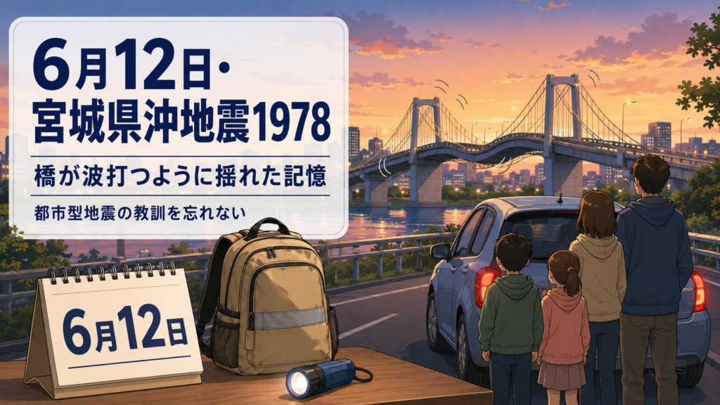 6月12日の宮城県沖地震1978を教訓に、橋が波打つように揺れた記憶と都市型地震への備えを伝える防災イラスト