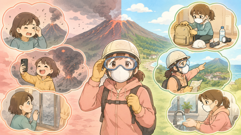 火山防災に関するよくある誤解と正しい備えを対比したアニメ調イラスト