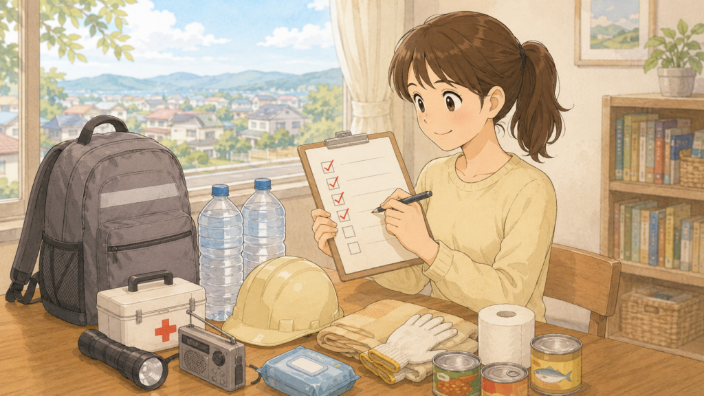 防災チェックリストで備えを確認しているイラスト