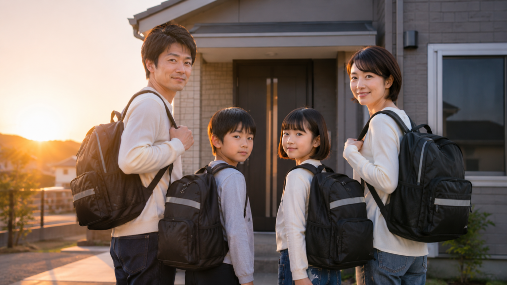 家族4人が防災リュックを持ち希望の朝日の前に立つシーン