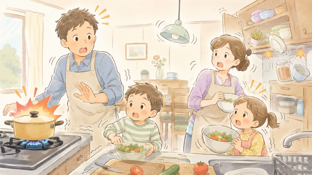 地震発生時に台所の火を素早く消す行動を学ぶための防災教育イラスト