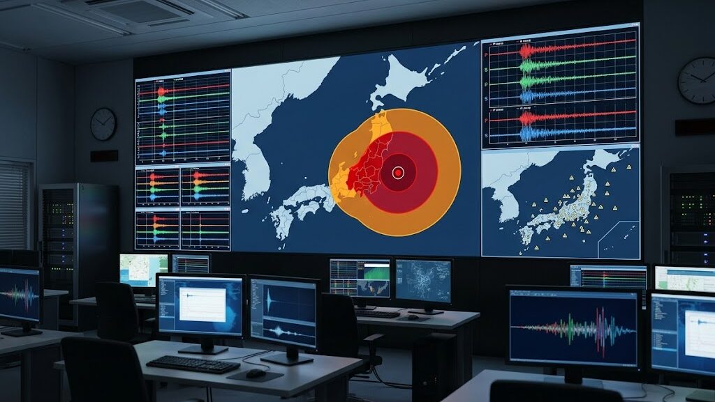 緊急地震速報の監視センターに設置された地震波モニターと日本地図の画面