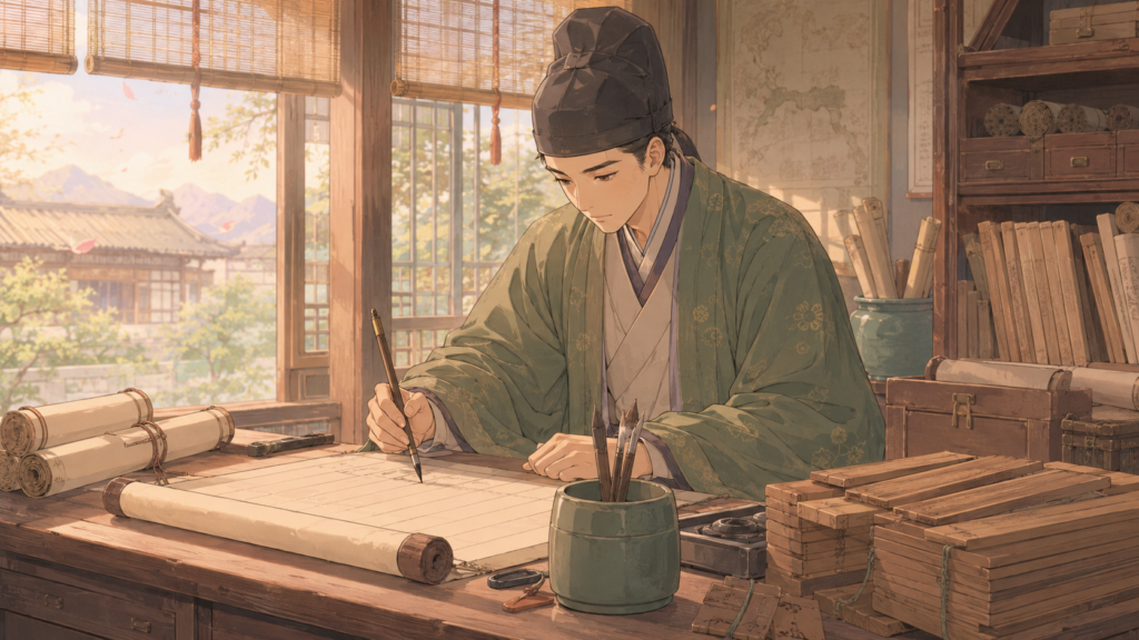 続日本紀に天平地震の記録を書く奈良時代の書記のイラスト