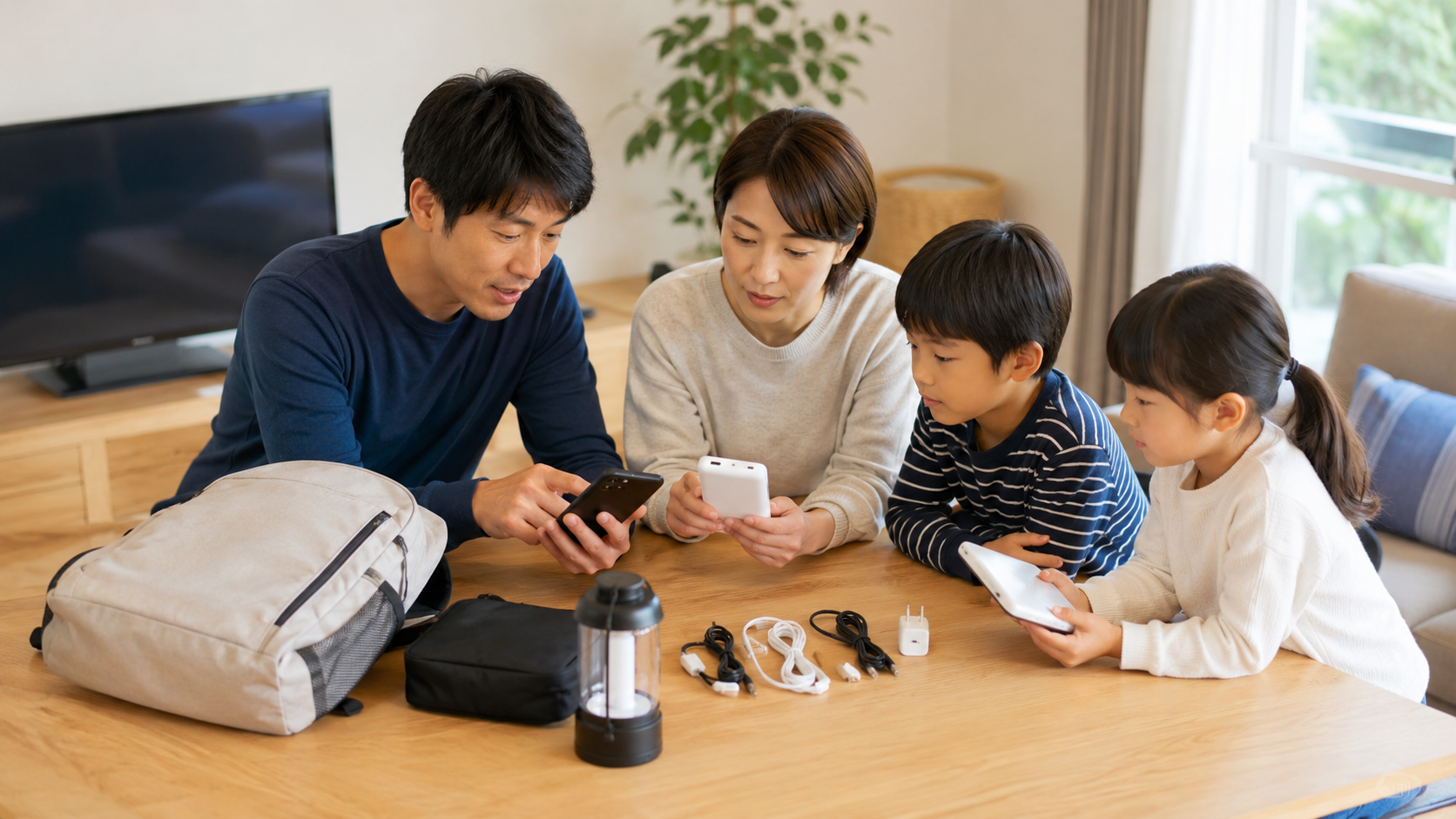家族がモバイルバッテリーやスマートフォンを安全に点検している