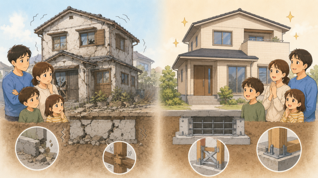 旧耐震基準と新耐震基準の住宅を比較した教育的イラスト
