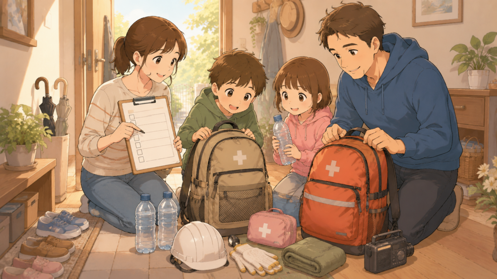 大阪府北部地震の教訓をもとに今日できる防災チェックリストを確認する家族のイラスト