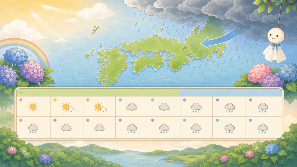 2018年6月28日から7月8日にかけて西日本に大雨が続いた期間を示すカレンダーのイラスト