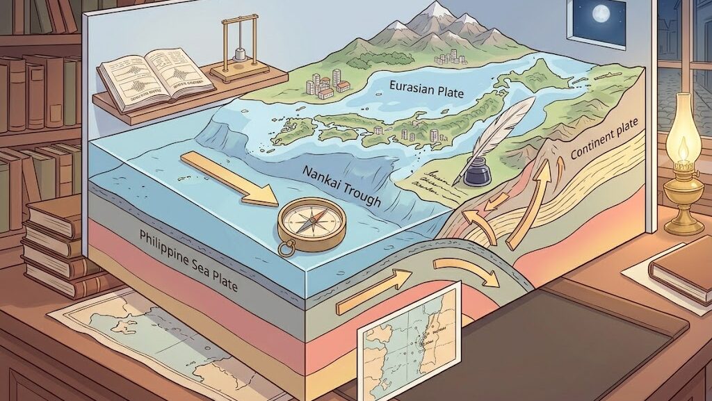 南海トラフでのプレート沈み込みと巨大地震発生メカニズムの図解イメージ