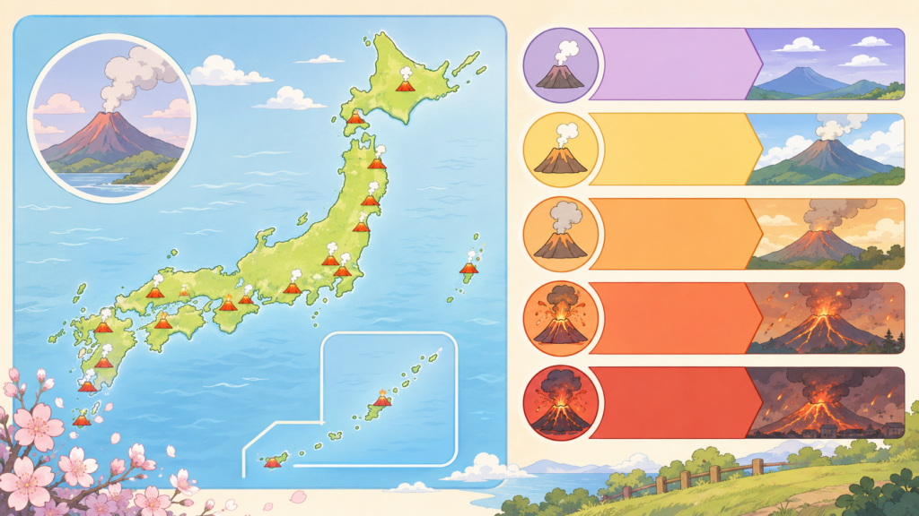 日本の活火山分布と噴火警戒レベルを図解したアニメイラスト