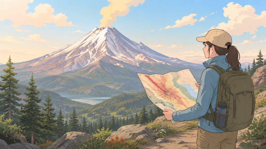 成層火山とハザードマップを確認する研究者のアニメイラスト