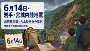 6月14日の岩手・宮城内陸地震を教訓に、山間部の土砂崩れと地震後の斜面・雨への注意を伝える防災イラスト