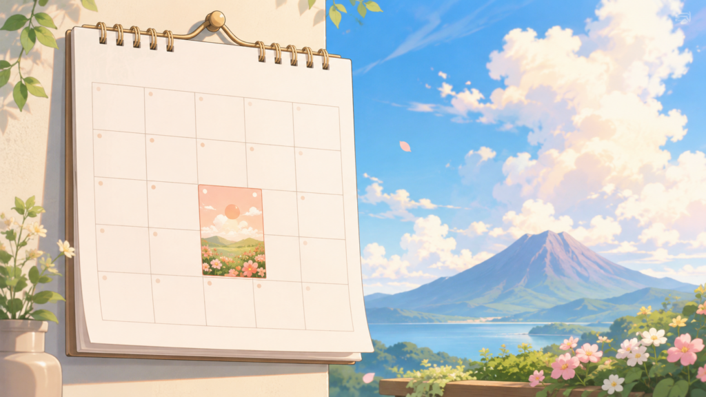 6月15日という日付と防災カレンダーを表すアニメ調イラスト