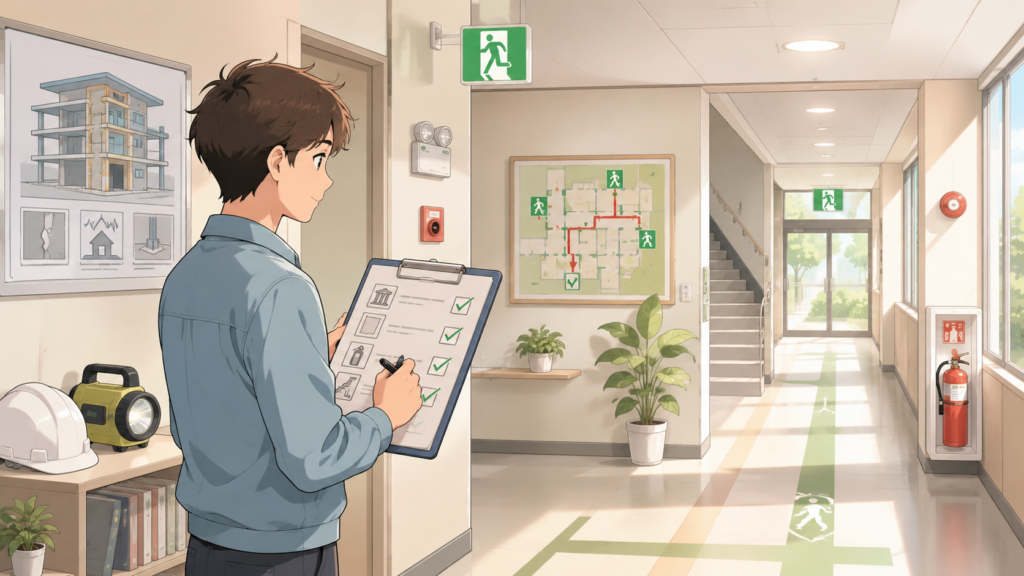 職場・学校で耐震チェックを行う人物のやさしいイラスト