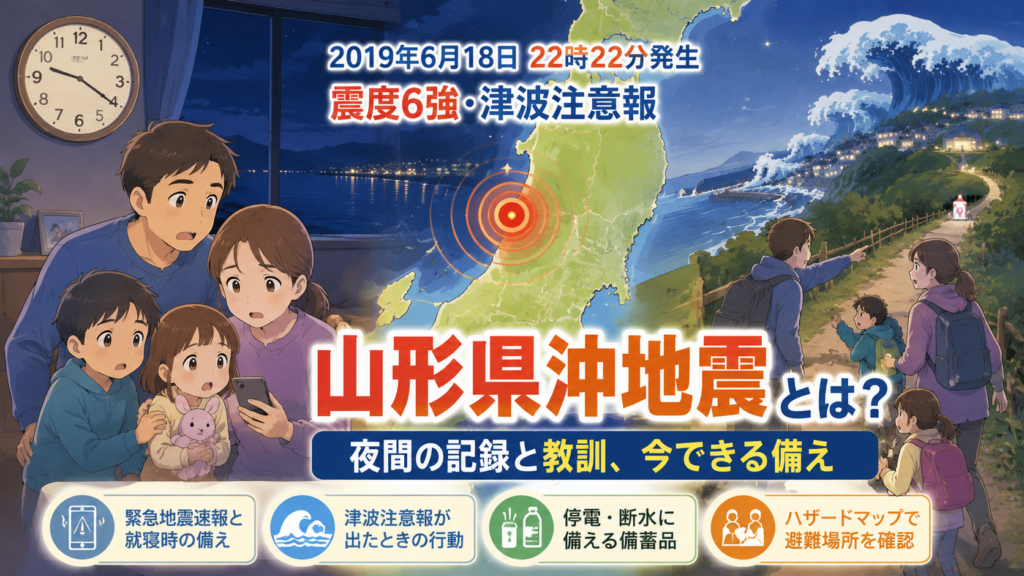 2019年6月18日の山形県沖地震で発生した夜間の揺れと津波注意報、高台避難や就寝時の備えを伝える防災アイキャッチ画像