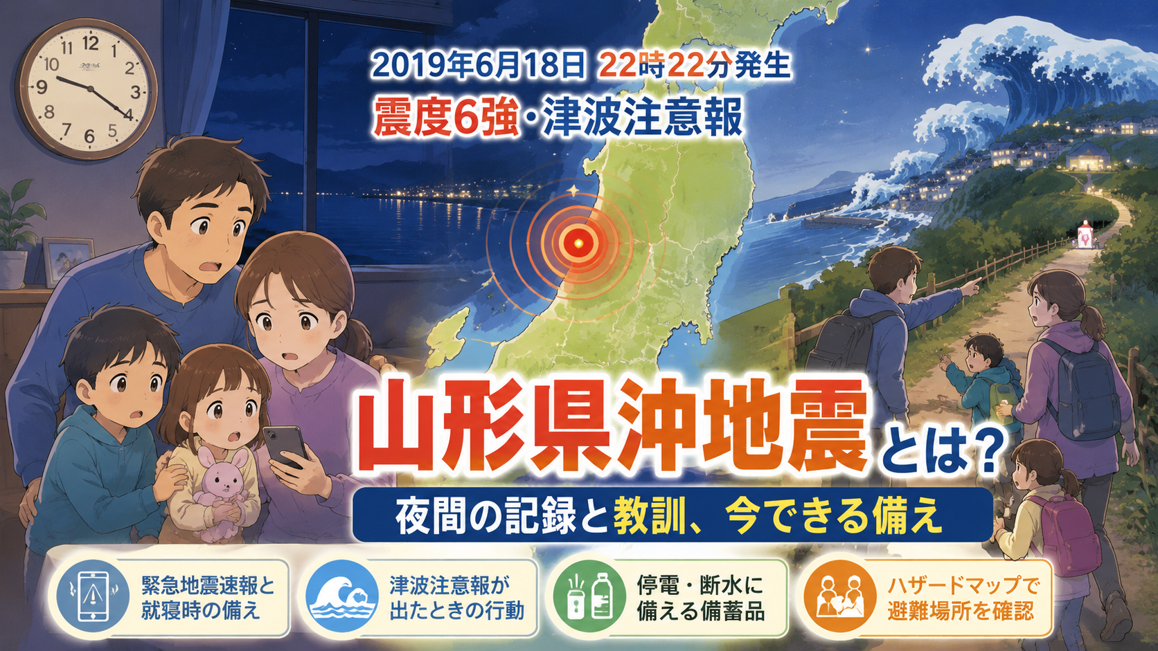 2019年6月18日の山形県沖地震で発生した夜間の揺れと津波注意報、高台避難や就寝時の備えを伝える防災アイキャッチ画像