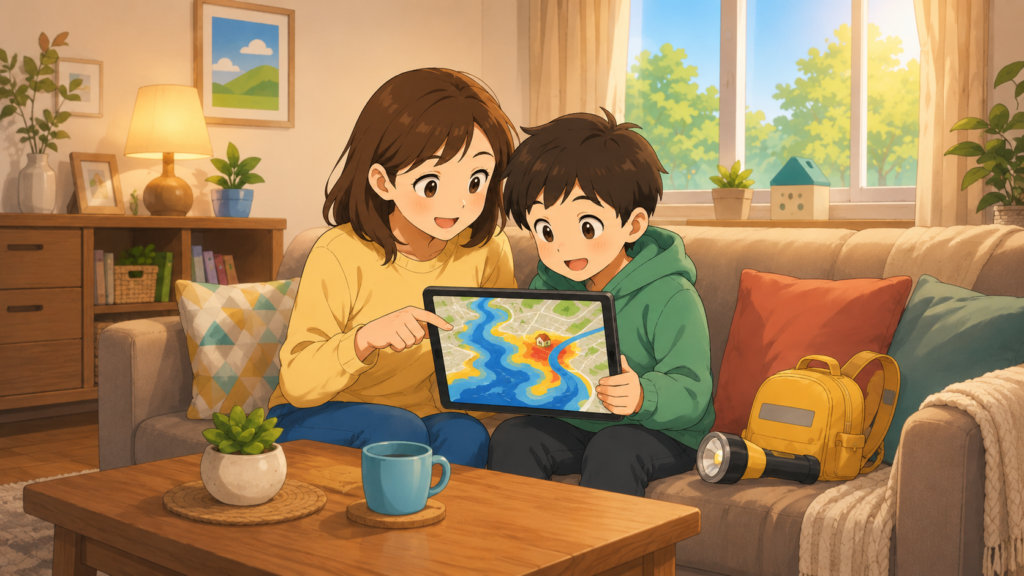 家族でハザードマップを確認して水害リスクを把握しているイラスト