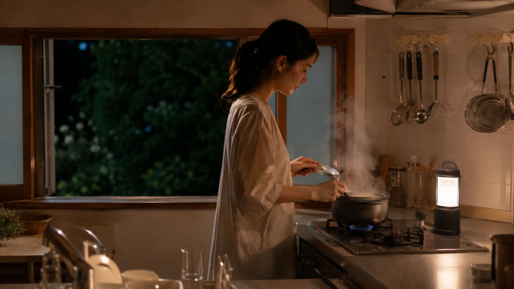 停電時に窓を開けてガスコンロを使う場面