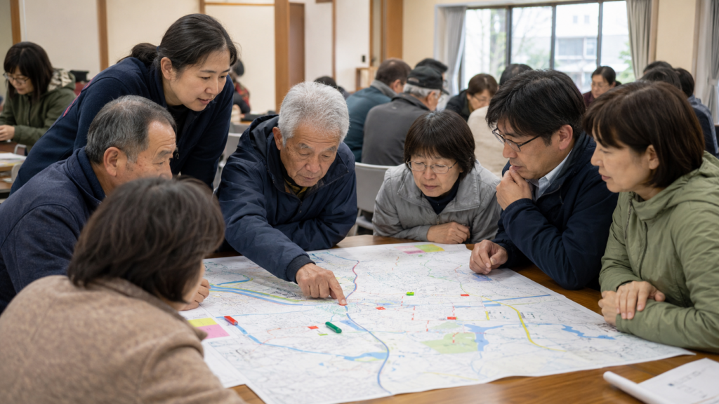 地域住民が集まって災害図上訓練DIGを行っているシーン