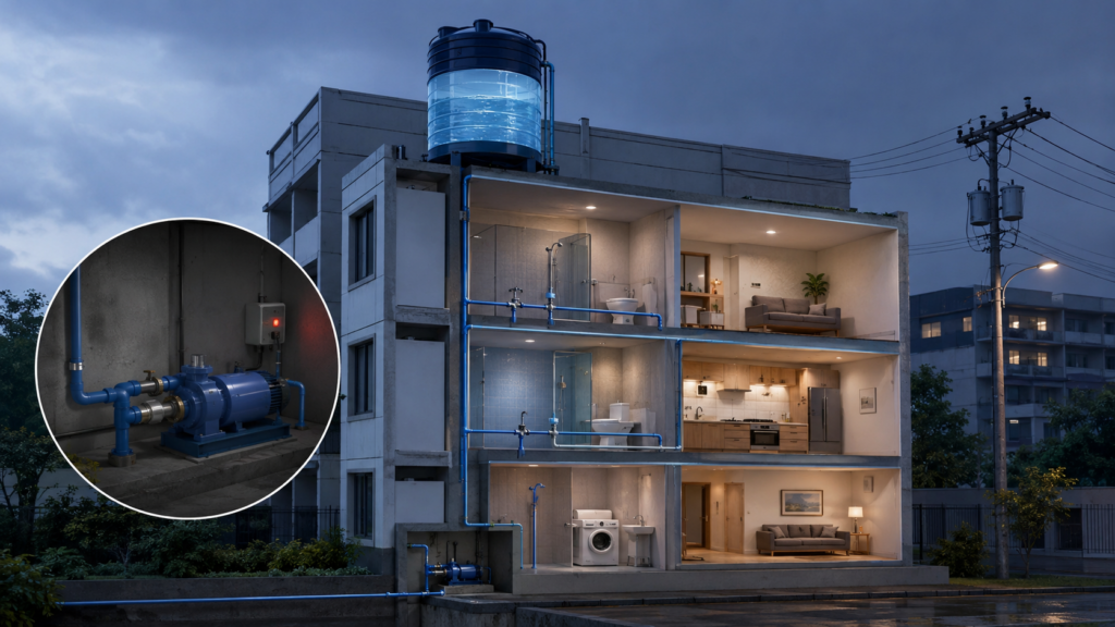 マンションの給水ポンプの仕組みと停電時の断水を解説するイラスト
