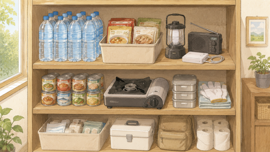 水・食料・カセットコンロなどライフライン停止に備えた備蓄品のイラスト