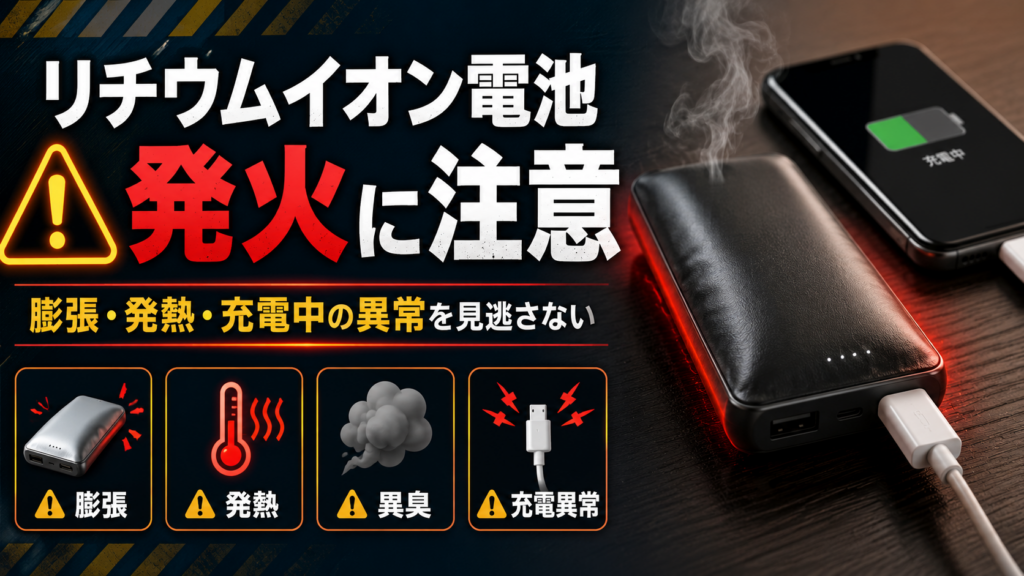 リチウムイオン電池の発火リスクを示し、膨張・発熱・異臭・充電異常などの危険サインに注意を促す画像