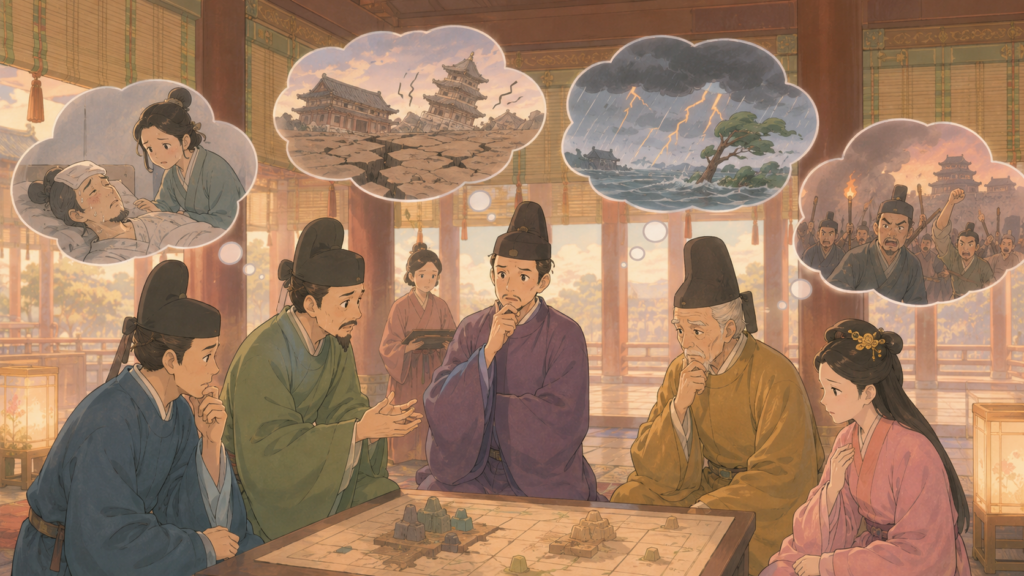 天然痘・地震・政変が重なった奈良時代の困難を示すイラスト
