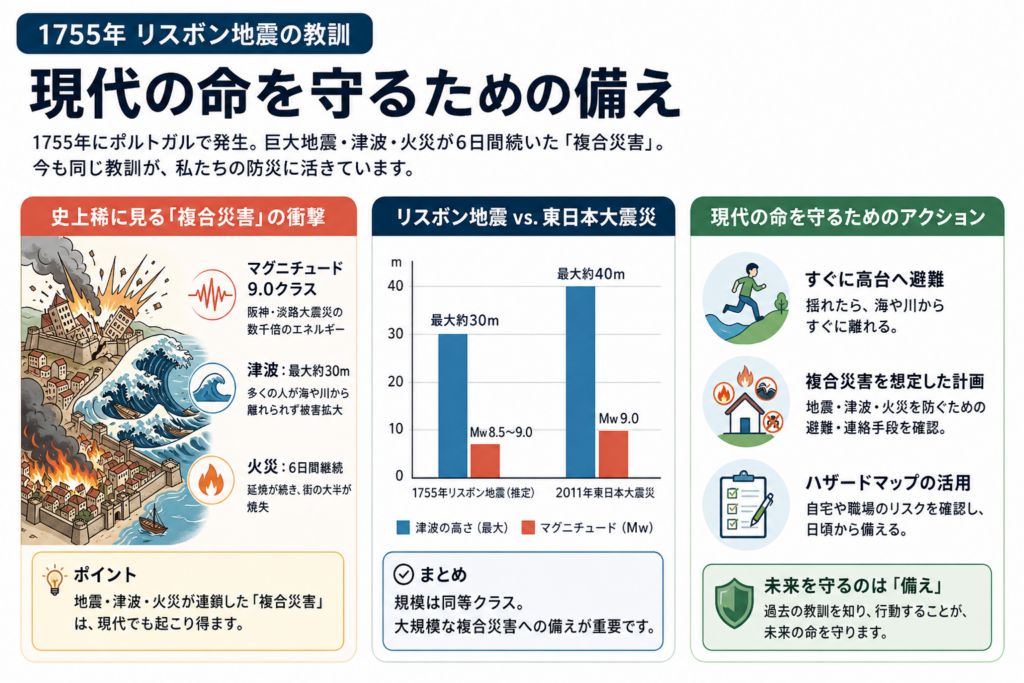 755年リスボン地震の教訓と現代の防災対策（地震・津波・火災の複合災害と避難行動の解説）