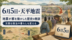 6月5日の天平地震と聖武天皇の遷都をテーマに、地震が都を動かした歴史の教訓を伝える防災カレンダーのイラスト