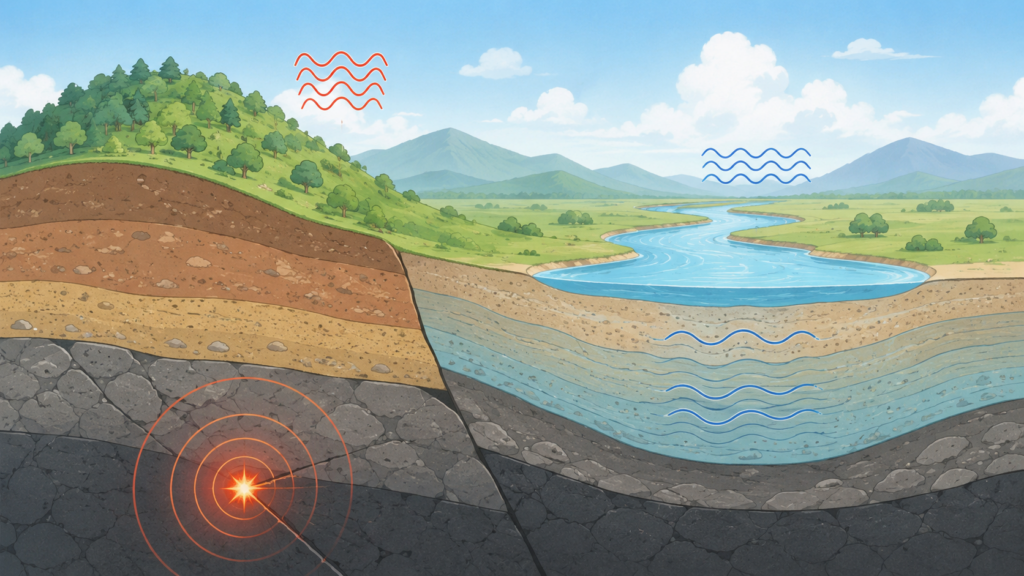 地盤の違いで揺れやすさが変わることを示す地層断面の図解イラスト