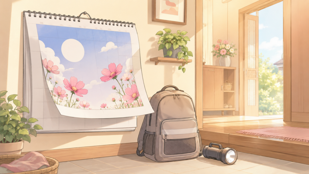9月1日防災の日のカレンダーと防災グッズのイラスト
