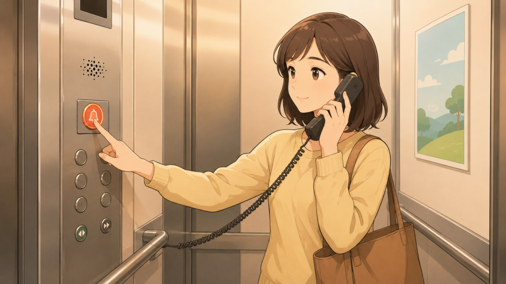 エレベーター閉じ込め時の正しい行動を示す防災イラスト
