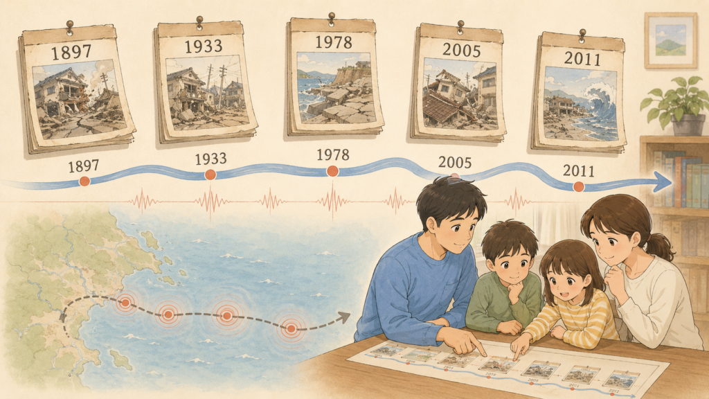 宮城県沖地震の発生周期と歴史をタイムラインで示したイラスト