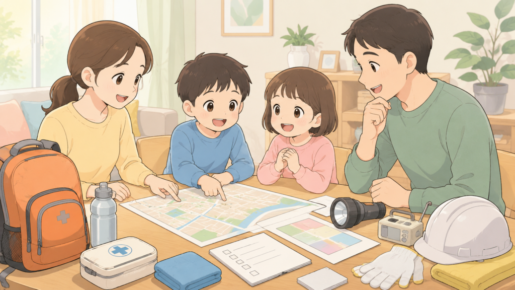 家族で避難場所・連絡手段・持ち出し袋を確認している防災イラスト