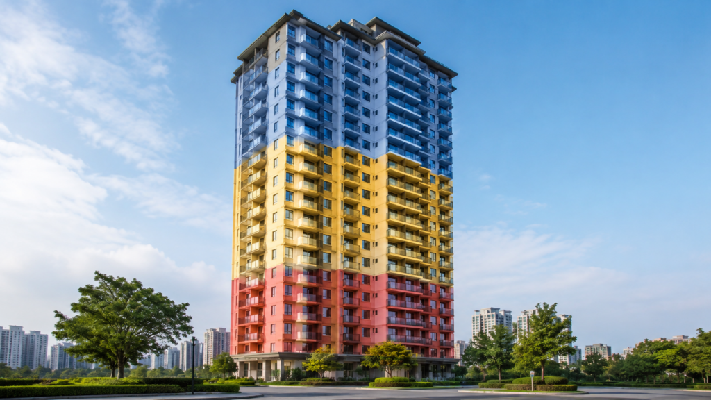 マンションの低層・中層・高層階で異なる災害リスクを示すイラスト
