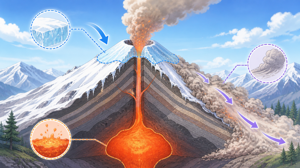 雪をかぶった火山の断面図と噴火のメカニズムを示す教育イラスト
