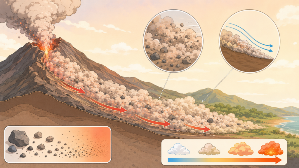 火砕流の速度と温度のメカニズムを図解した教育的なイラスト