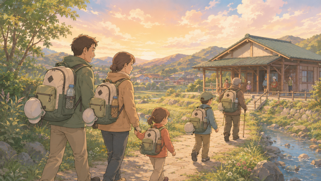事前に決めた避難場所へ落ち着いて向かう家族の防災イラスト