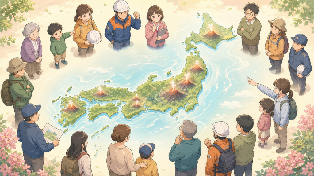 日本の活火山と地域防災協力体制を示すイラストマップ