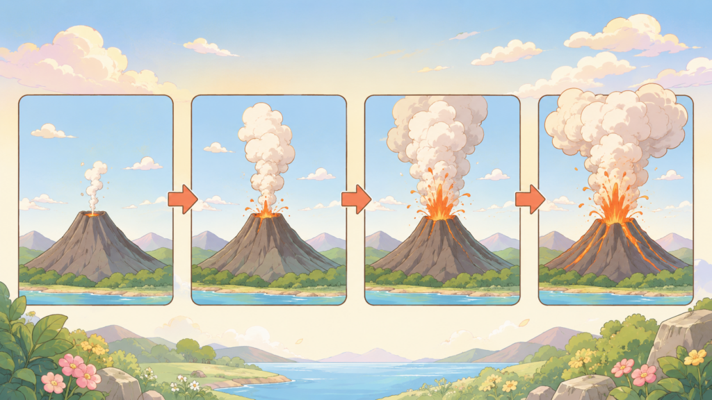 ピナトゥボ火山噴火が段階的に拡大していく進行過程をイメージしたイラスト