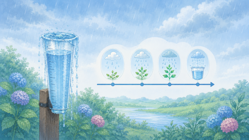 平成30年7月豪雨の記録的な降水量を示す雨量計のイラスト