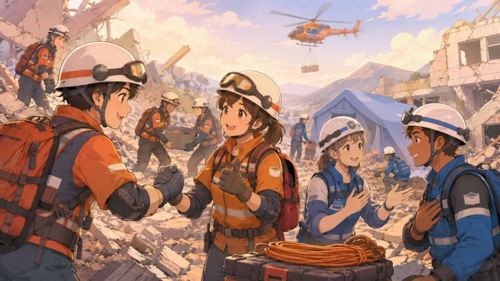国際救援チームが連携して活動するやさしいイラスト