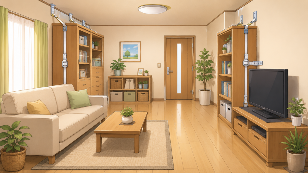 家具が壁に固定された直下型地震対策済みの室内のやさしいイラスト