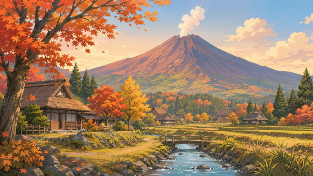 1990年秋、噴煙を上げ始めた雲仙普賢岳の穏やかな風景イラスト