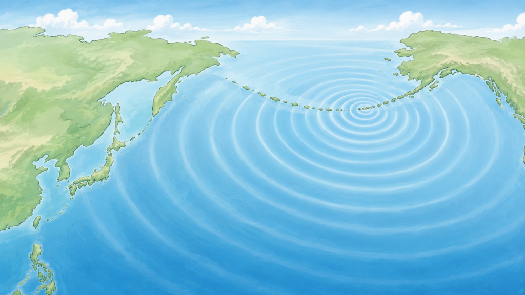 アリューシャン列島から日本に遠地津波が到達する仕組みを示すイラスト