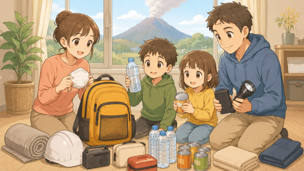 日本各地の活火山と火山防災の備えをイメージしたアニメ調イラスト